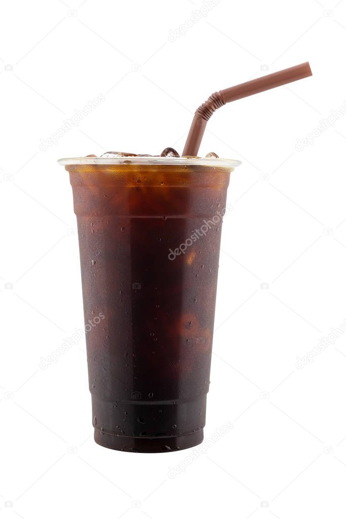 Iced black coffee with straw in plastic cup isolated on white