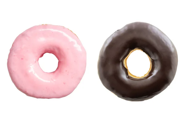 Donut de morango de chocolate e rosa isolado em fundo branco — Fotografia de Stock