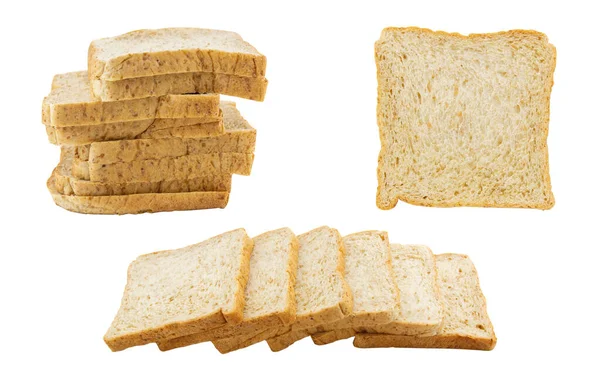 Beyaz arkaplanda izole edilmiş tam buğday ekmeği seti — Stok fotoğraf