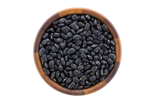 Top View Black Beans Wooden Bowl Isolated White Background — Stock Photo, Image