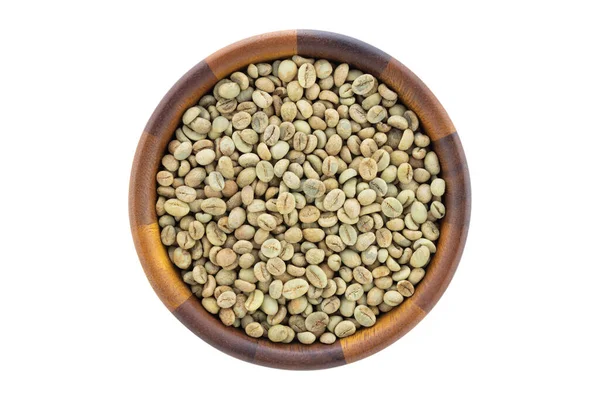 Top View Green Coffee Beans Robusta Wooden Bowl Isolated White — Stock Photo, Image