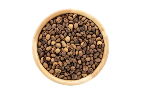 Vista Dall Alto Chicchi Caffè Torrefatti Mano Robusta Ciotola Legno — Foto Stock