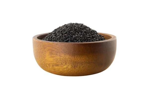 Side View Black Sesame Seeds Brown Wooden Bowl Isolated White — Stock Photo, Image