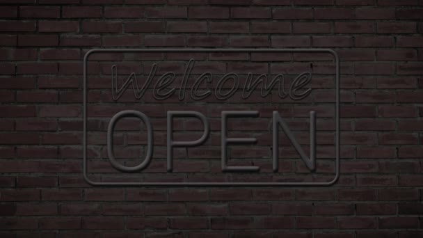 Welcome Open Neon Sign Blinking Brick Wall Background Business Concept — Stock Video