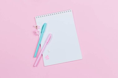 Boş sayfası olan bir defter ve pembe arka planda iki kalem. Düz yatıyordu. Metin için yer. 