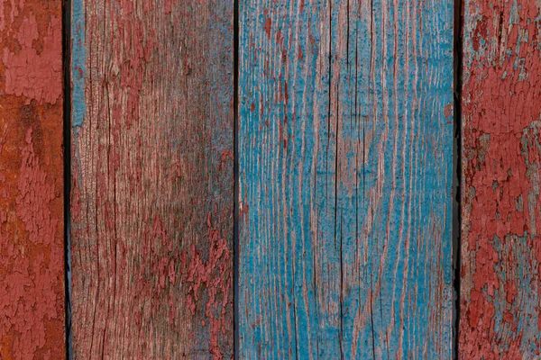 Rustikale Holzstruktur Oder Hintergrund Mit Zerkratzter Roter Und Blauer Farbe — Stockfoto