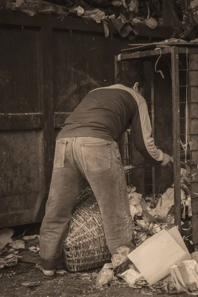 Een Werknemer Verzamelt Het Plastic Afval Een Mandje Voor Recycling — Stockfoto