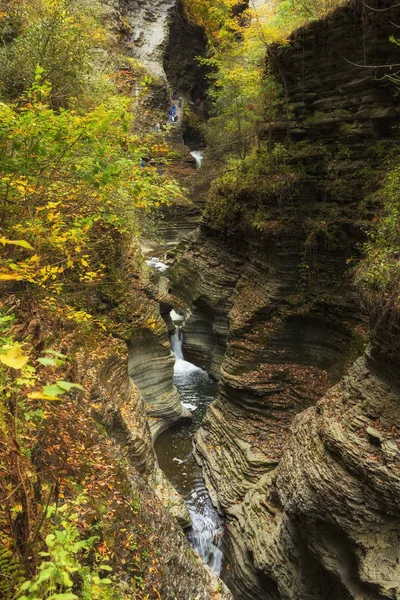 Watkins Glen State Park, localizado em Watkins Glen, na região dos lagos Finger do estado de Nova York, é um destino de viagem popular na temporada de outono, como as folhas mudam de verde para amarelo e vermelho . — Fotografia de Stock