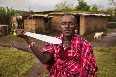 Masai Mara Ulusal Rezervi, Kenya - 20 Haziran 2025: İkonik kabile grubu Maasai üyeleri, günümüz medeniyetinin büyük ölçüde el değmemiş geleneklerini sergiliyor. Adam pala gösteriyor..