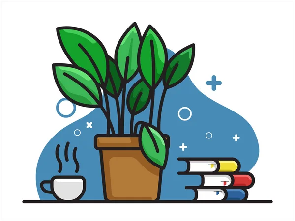 Illustration of plant pots with coffee cups and stacks of books