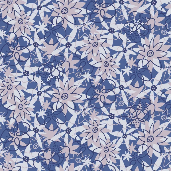 Feld blauer Blumen nahtlose Vektor-Doodle-Muster — Stockvektor