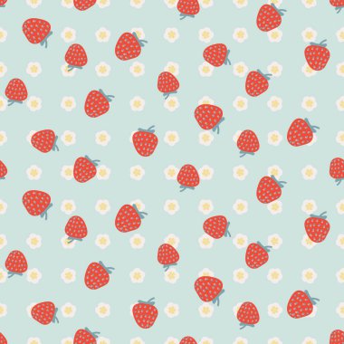 Mavi noktasız vektör deseninde kırmızı çilekler