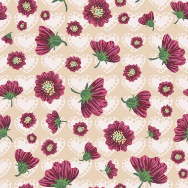 Pembe çiçek başı ve kalbi kusursuz vektör deseni