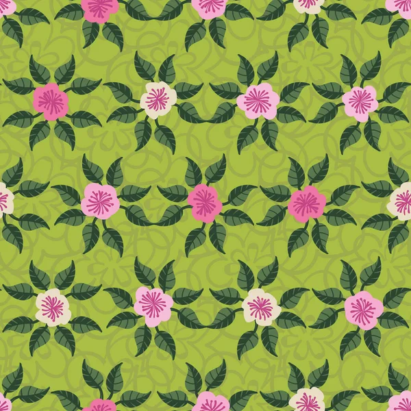 Fleurs roses motif vectoriel sans couture sur vert — Image vectorielle