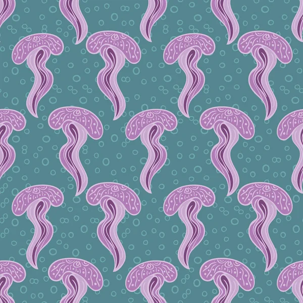 Medusas violetas patrón de vectores sin costura en verde azulado — Archivo Imágenes Vectoriales
