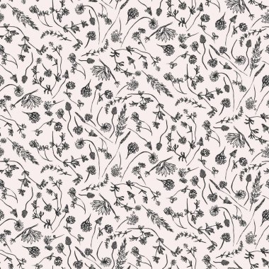 Yaban çiçekleri ve otlar kusursuz vektör deseni çiziyor