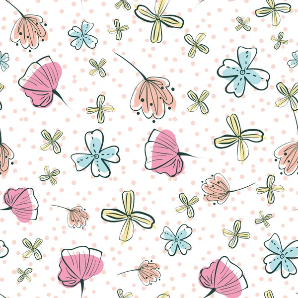 Doodle girly wildflowers seamless vector pattern — Stock Vector