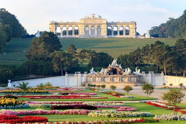 Schnbrunn Sarayı ve renkli çiçekli bahçe. Fotoğraf sabah erken saatlerde çekildi. Güneşin doğuşu sayesinde daha sıcak renkler. Viyana, Avusturya