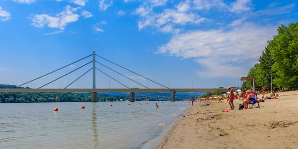 Novi Sad, Sırbistan - 3 Temmuz 2019: İnsanlar, Sırbistan 'ın Novi Sad kentindeki Liberty Köprüsü' nün (En Slobode) manzaralı Tuna Nehri üzerindeki plajın (Strand) tadını çıkarıyor