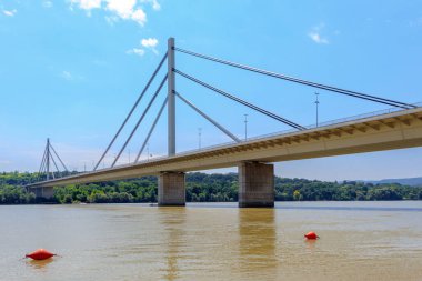 Sırbistan 'ın Novi Sad kentindeki Tuna Nehri üzerindeki kablo destekli Özgürlük köprüsü