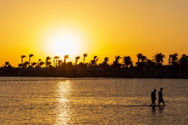 Hurghada 'da Kızıl Deniz' de dramatik bir gün doğumu. Mısır 'da sığ denizde yürüyen iki adam.