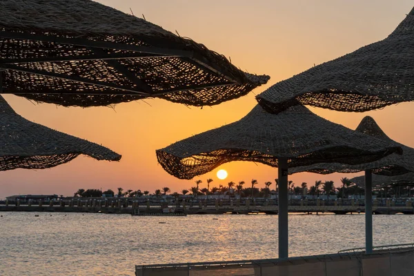 Güneş Doğarken Güneş Şemsiyeleri Palmiye Ağaçları Ile Mısır Hurghada — Stok fotoğraf