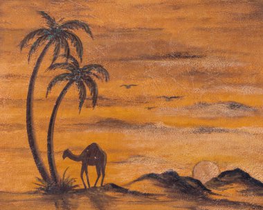 Çölde deve, güneş ve palmiye ağaçları