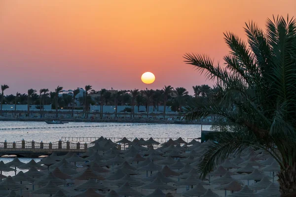 Sonnenaufgang Strand Mit Sonnenschirm Über Dem Roten Meer Hurghada Ägypten — Stockfoto