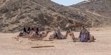 Hurghada, Mısır - 1 Ekim 2020: Turist beklentisiyle Bedevi kadın ve erkek develerin yanında. Mısır, Hurghada yakınlarındaki Sahra Çölü 'nde bir köy.