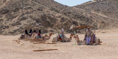Hurghada, Egypt - October 1, 2020: Bedouin women and man near the camels in anticipation of tourists. Village in the Sahara desert near Hurghada, Egypt clipart