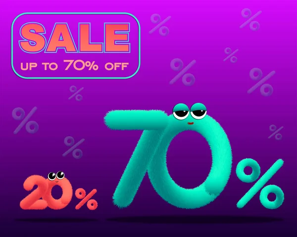 Up to 70% off sale poster design. Colorful cartoon fluffy and furry numbers 20 and 70 percent with eyes on gradient background for advertising banner or poster design.