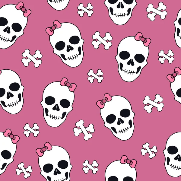 Pattern White Skulls Pink Bow Bones — Stock Vector