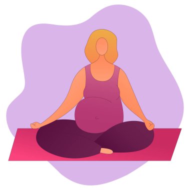 Hamile kız lotus pozisyonunda oturuyor. Vektör düz çizim. Hamilelik için yoga.
