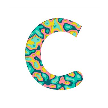 Kağıt, C harfini kesmiş. Beyaz arka planda izole edilmiş çok katmanlı kağıt. Renkli yazı tipi alfabe harfleri. Doğum günü veya selamlama ve tişört tasarımı için dekorasyon ögesi.