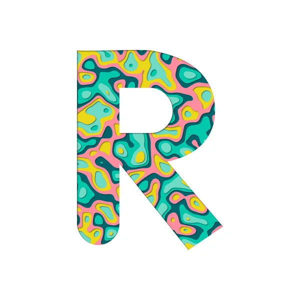 Kağıt, R harfini kesmiş. Beyaz arka planda izole edilmiş çok katmanlı kağıt. Renkli yazı tipi alfabe harfleri. Doğum günü veya selamlama ve tişört tasarımı için dekorasyon ögesi.