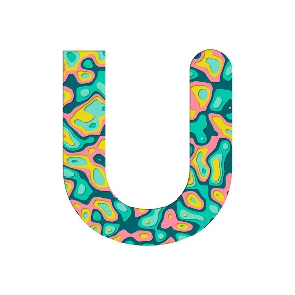Kağıt kesiği U harfi. Çok katmanlı kağıt efferct beyaz arkaplanda izole edildi. Renkli yazı tipi alfabe harfleri. Doğum günü veya selamlama ve tişört tasarımı için dekorasyon ögesi.