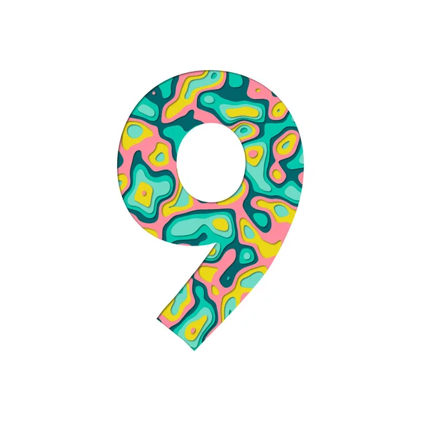 Kağıt 9 numarayı kesti. Çok katmanlı kağıt efferct beyaz arkaplanda izole edildi. Renkli sayılar. Doğum günü veya selamlama ve tişört tasarımı için dekorasyon ögesi.