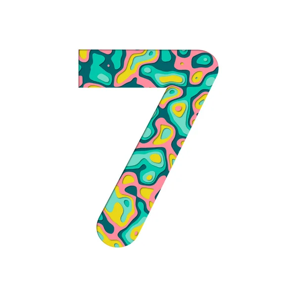 Kağıt 7 numarayı kesti. Çok katmanlı kağıt efferct beyaz arkaplanda izole edildi. Renkli sayılar. Doğum günü veya selamlama ve tişört tasarımı için dekorasyon ögesi.
