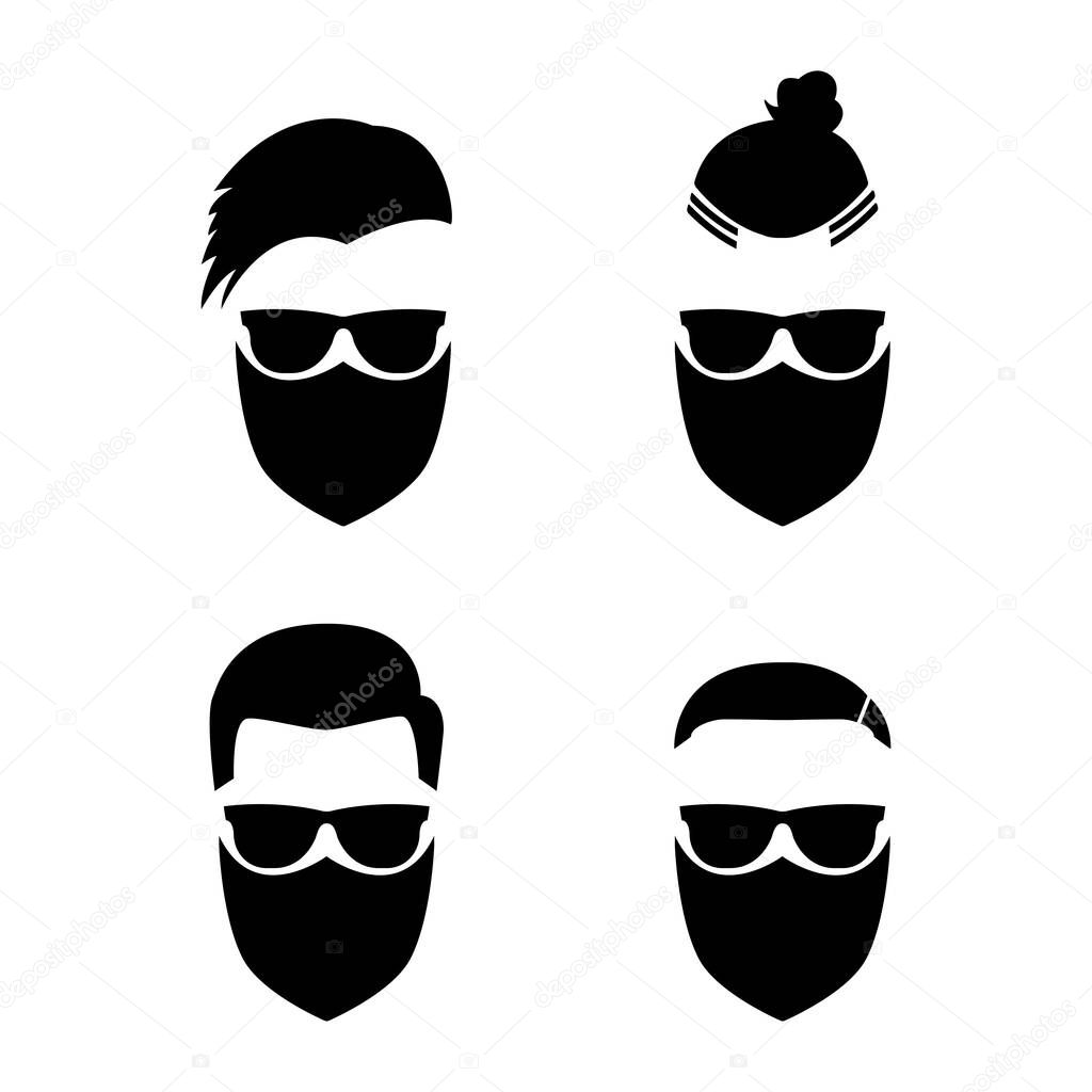 Men wearing protection face mask  and  sunglasses with different hairstyles. Set of hairstyles for men. Set for a barbershop. Vector illustration