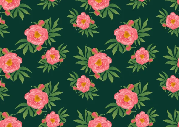Vektor Illustration Rosa Pion Blommor Och Gröna Blad Sömlösa Mönster — Stock vektor
