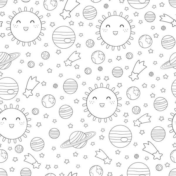 Vector illustration seamless pattern of solar system: sun, planets and stars. Textile print, wrapping paper