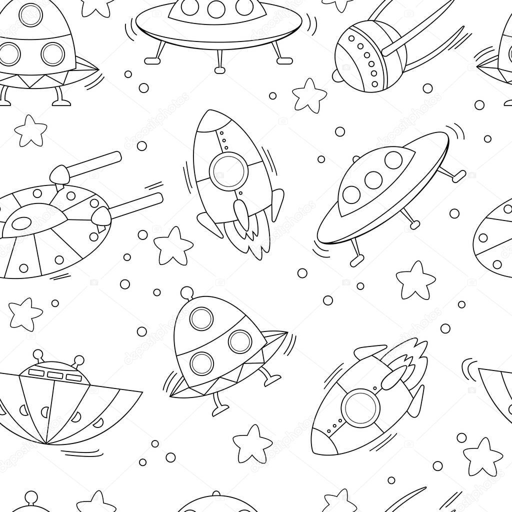 Vector illustration seamless pattern of speceships. Textile print, wrapping paper