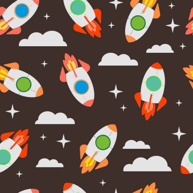 Uzay roketleri ve vektör illüstrasyonuyla aynı desen. Tekstil baskısı, ambalaj kağıdı