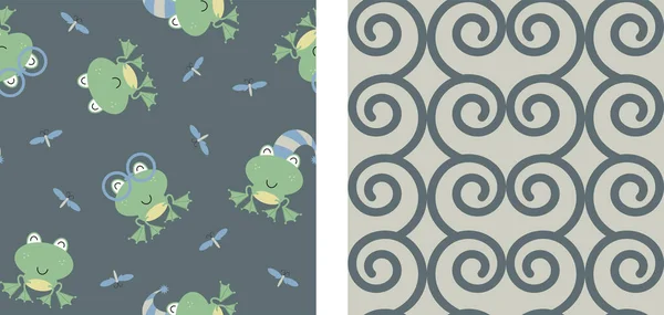 Şirin kurbağalar ve bukleleri olan kusursuz bir şekil. Kumaş, tekstil tasarımı için ayarlandı.