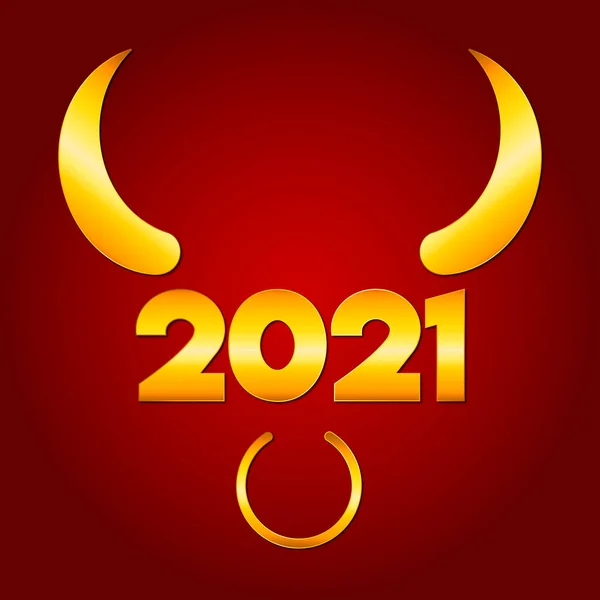 Yeni yıl kartı 2021, altın boğa boynuzları ve kırmızı zeminli. Vektör illüstrasyonu