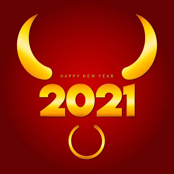 Gelukkig Nieuwjaarskaart 2021 Met Gouden Stier Hoorns Ring Een Rode — Stockvector