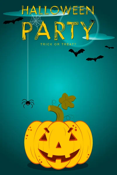 Cadılar Bayramı parti taşıyıcı pankartı. Mavi zemin üzerinde balkabağı, yarasa, örümcek ve ay olan poster kalıpları. Cadılar Bayramı tebrik kartı, davetiye. Vektör illüstrasyonu.