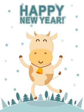 2021 sembollü yeni yıl posteri. Komik boğa, kar taneleri, noel ağaçları. Davetiye, tebrik kartı. Vektör illüstrasyonu