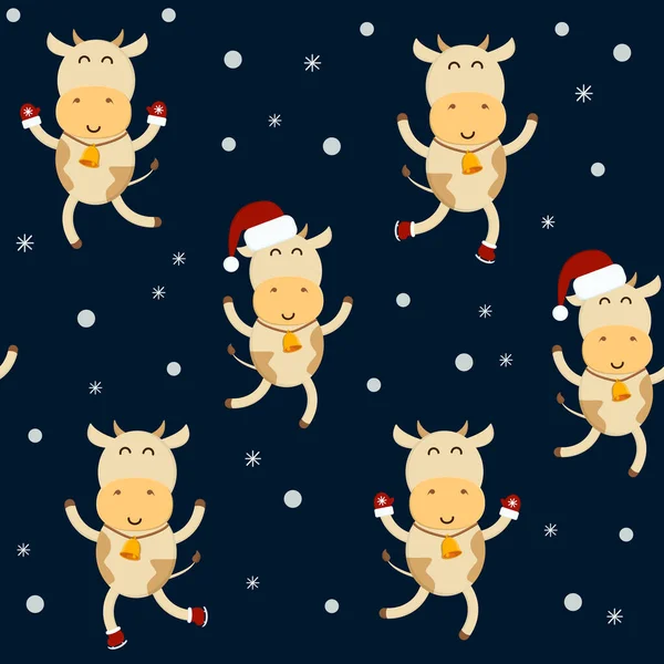 Eldivenli, şapkalı ve buz patenli komik boğalar. Yeni yıl simgesi. Kumaş, tekstil tasarımı, ambalaj kağıdı için yazdır