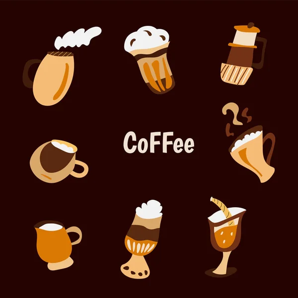 Kahve setinin el çizilmiş vektör illüstrasyonu